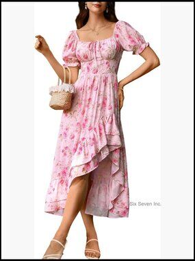 Chiffon Corset Sundress with Off Shoulder Square Neck and Puff Sleeves